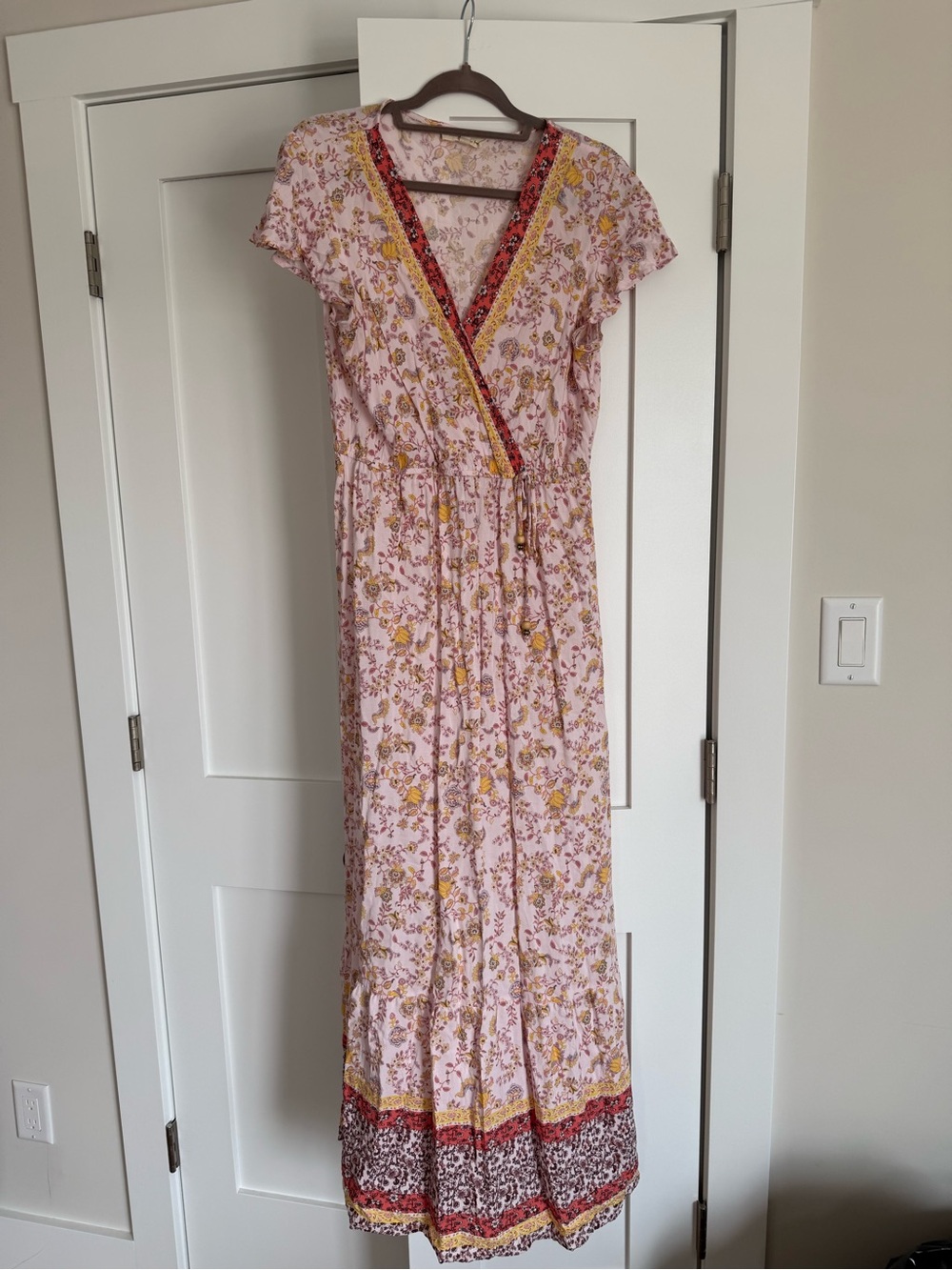 BeBop Pink Floral Wrap Maxi Dress with Yellow Trim